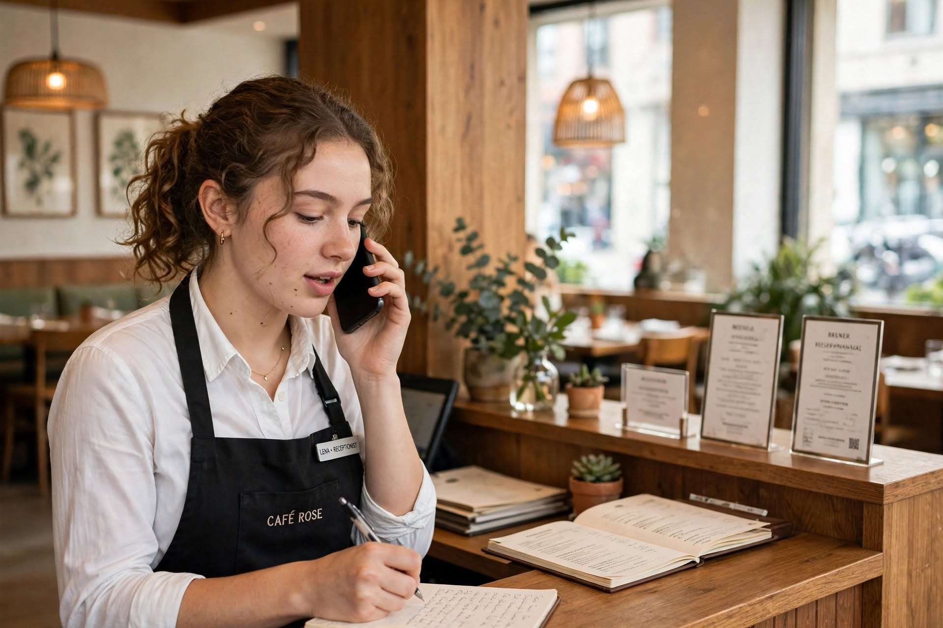 A restaurant host on the phone at the front counter, writing down an order by hand